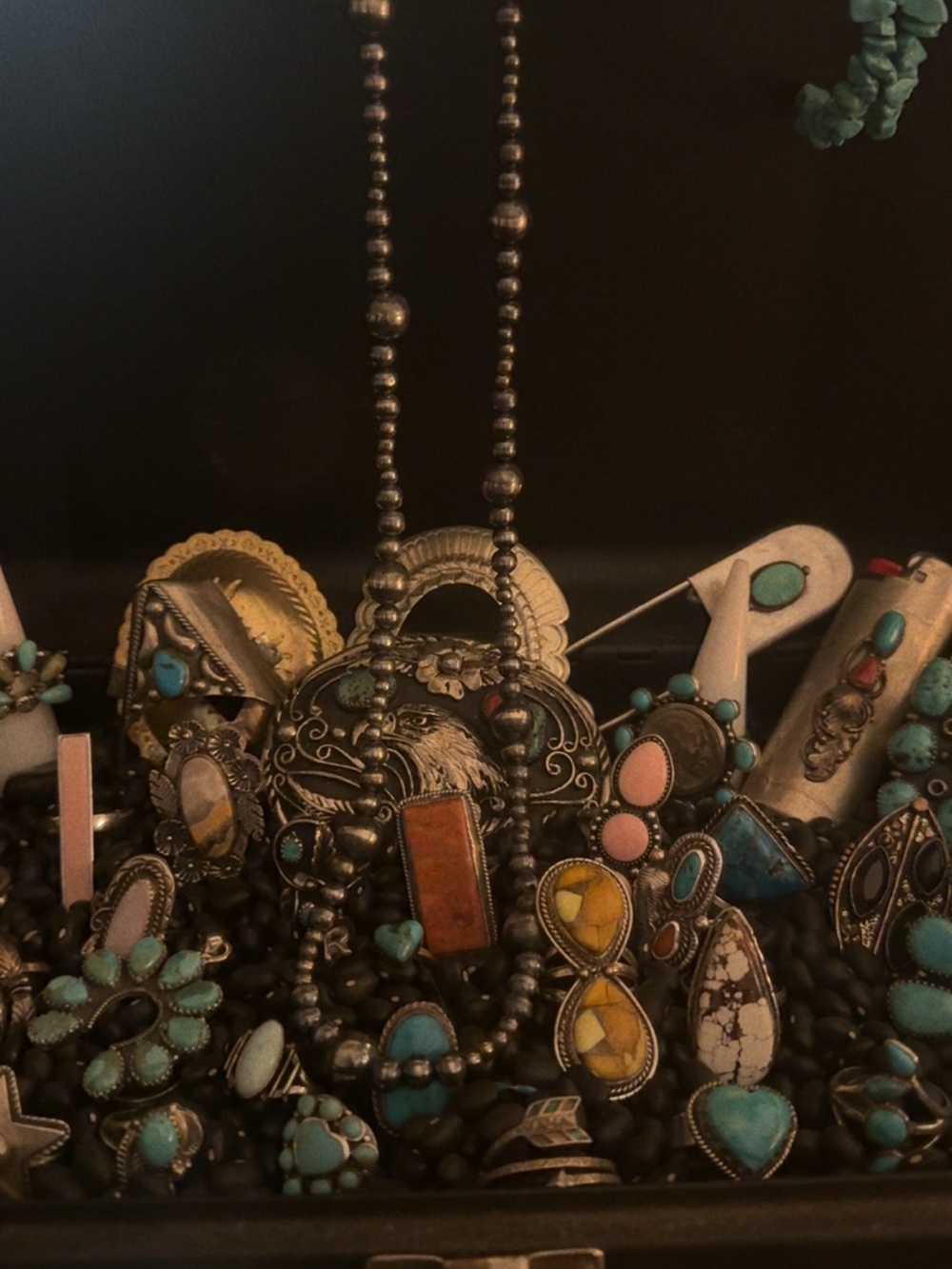 Native Silver-Tone Necklace with Turquoise, Coral & Yellow Accents